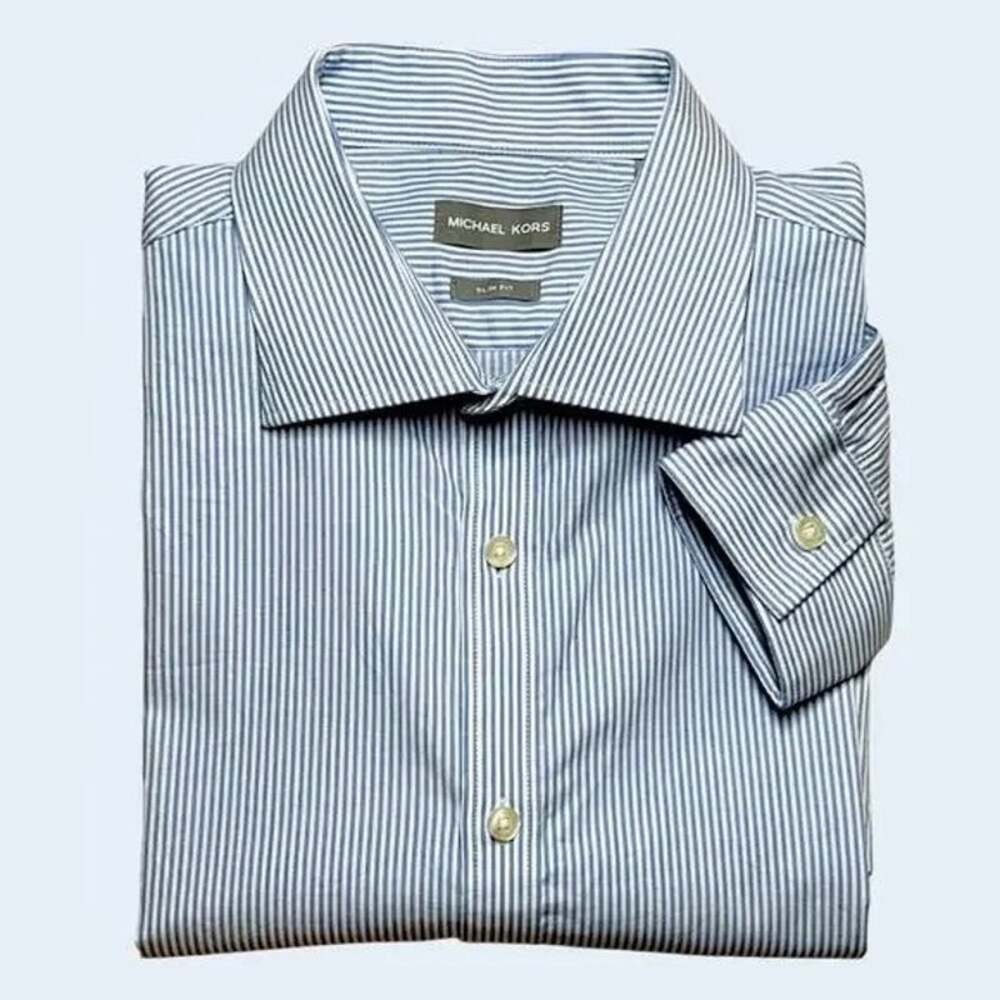 MICHAEL KORS COLLECTION Blue Pinstripe Dress Shirt Office Slim Work XL 17 34